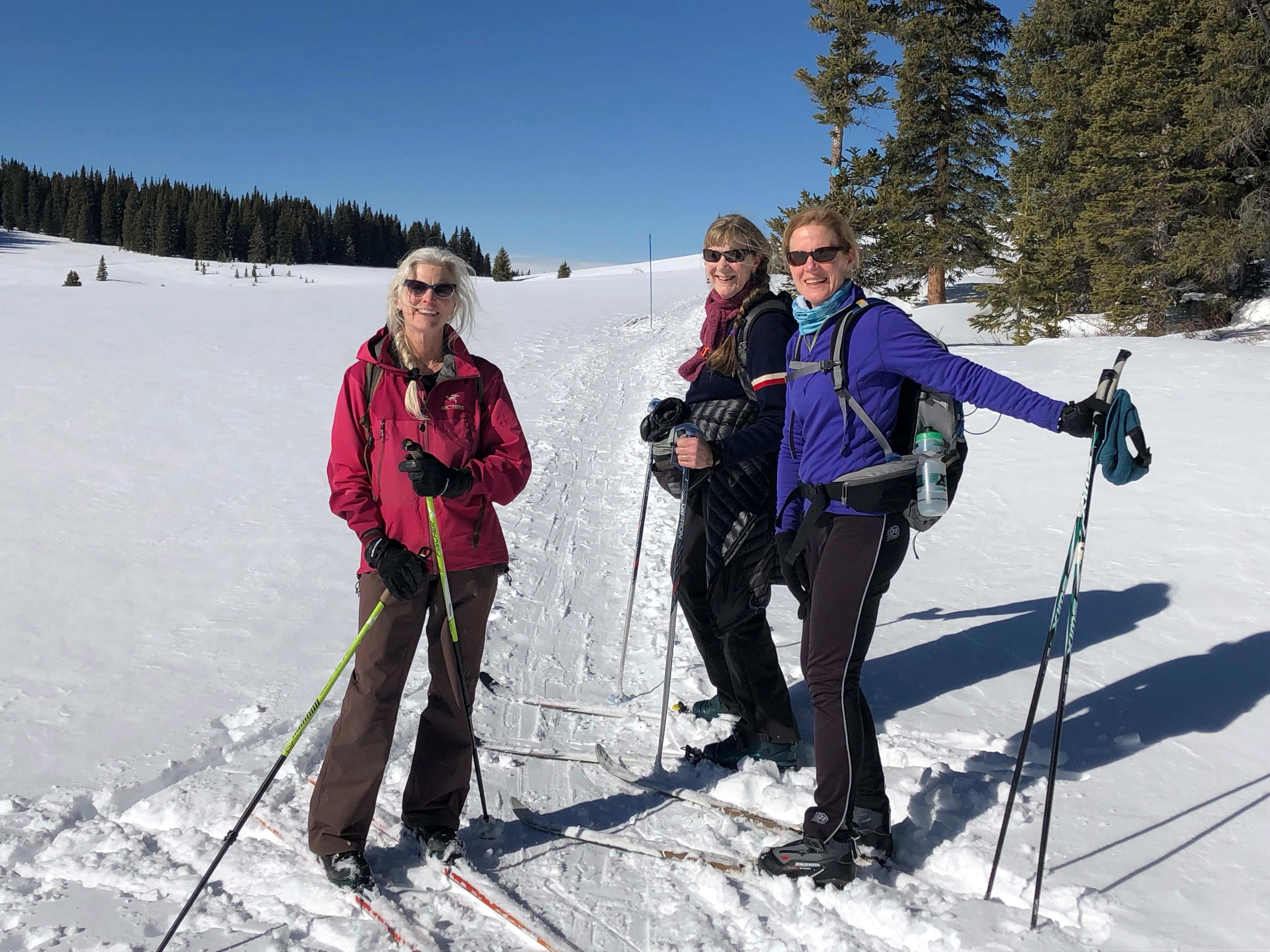 Mature women cross-country skiing